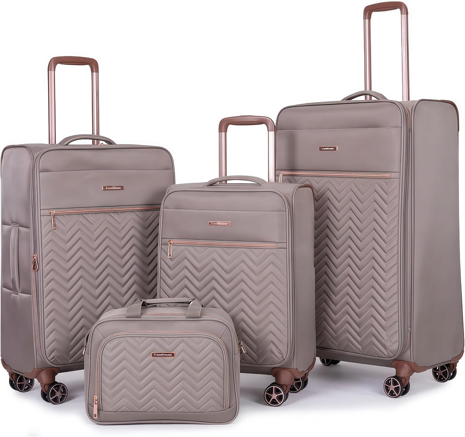 Travelhouse 4-Piece Softside Luggage Set with Spinner Wheels | Lightweight expandable suitcases: 16" underseat duffel bag + 20" carry-on + 24" + 28" checked Travelhouse taupe luggage set